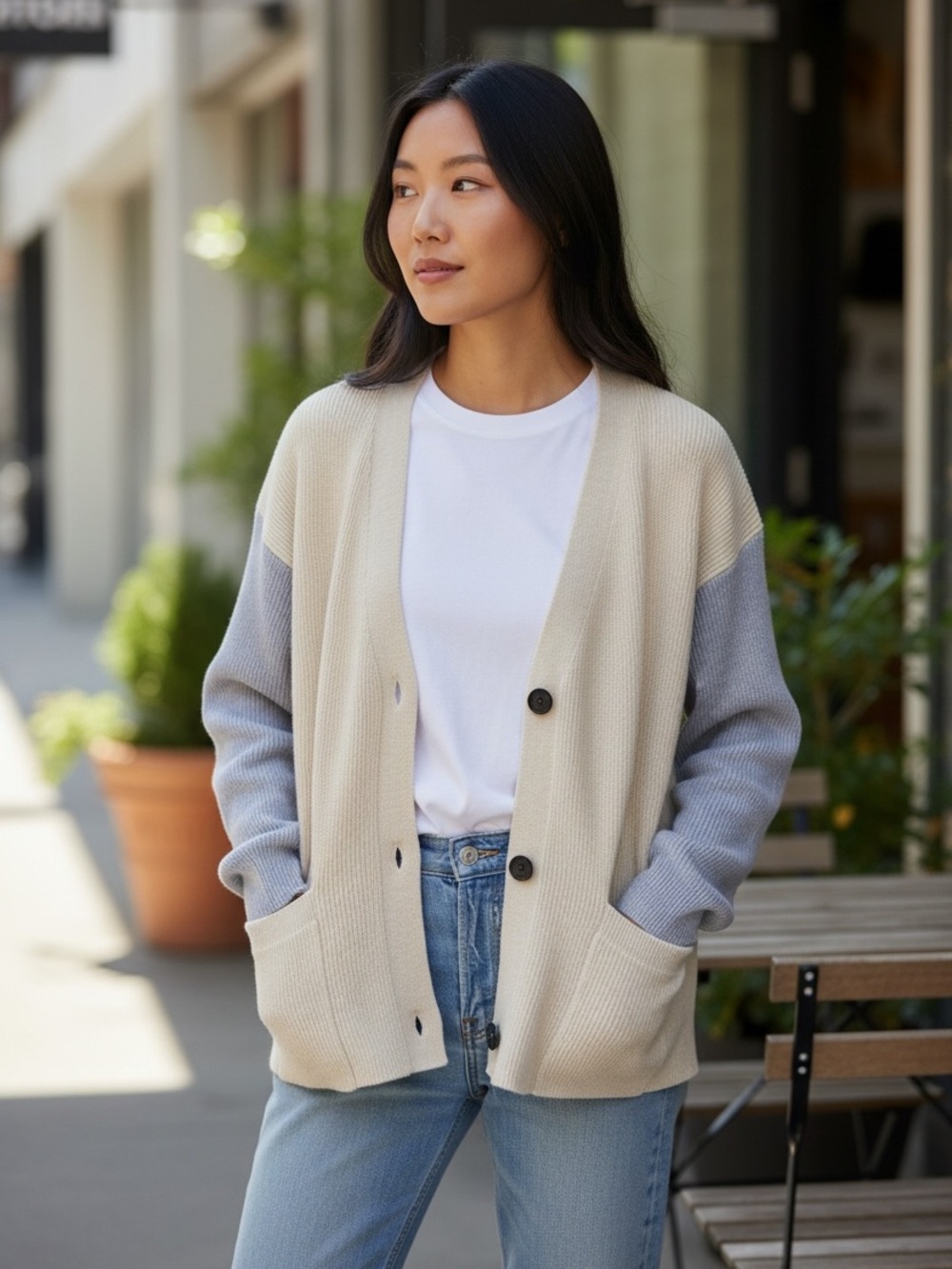 French Connection Two-Tone Beige and Gray Button Cardigan
